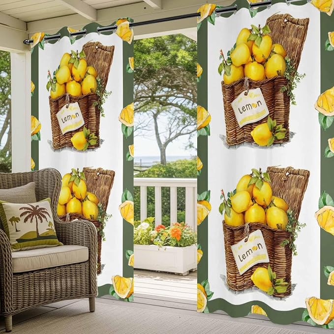 Lemon Outdoor Curtains for Patio Lemons in Baskets Summer Tropical Plants Green - Image 5