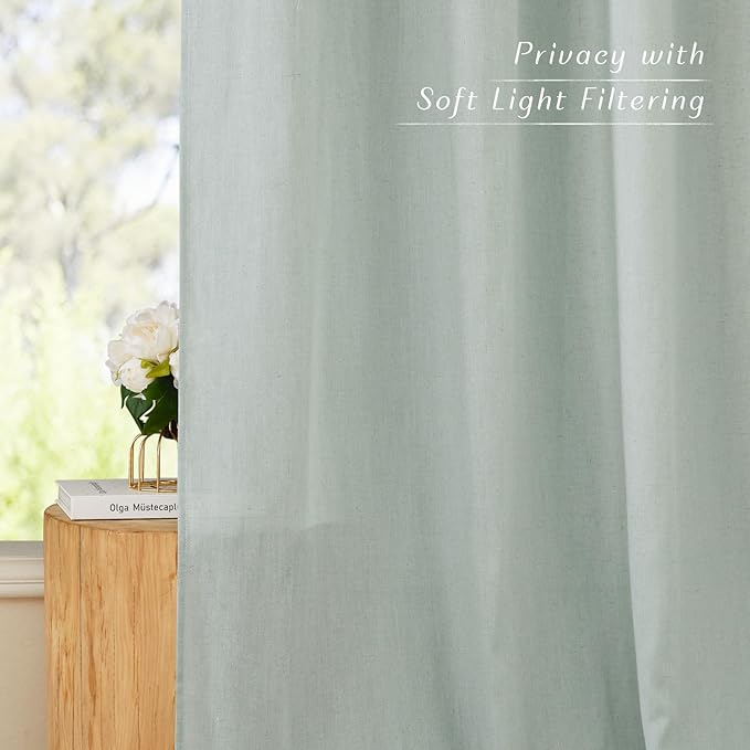 NICETOWN Linen Sage Green Curtains 96 inches Long for Living Room, Grommet Privacy Assured Linen Blend Window Treatments with Light Filtering for Living Room/Bedroom, W55 x L96, 2 Panels