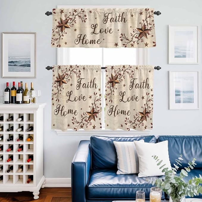 Kitchen Curtains Tiers and Valance Set of 3, Retro Country Stars Rustic - Image 6
