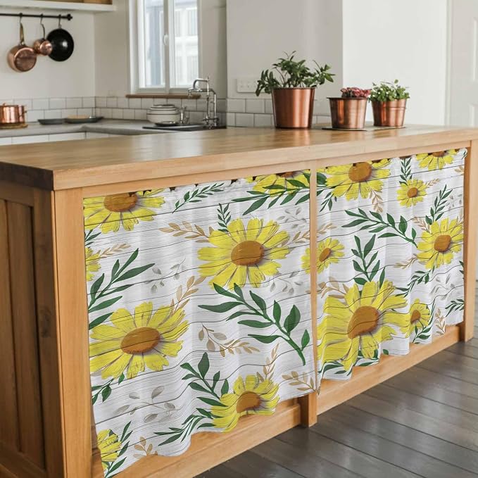 Yellow Daisy Tier Curtains, Farmhouse Country Flower Leaf Plant Wood Grain - Image 7