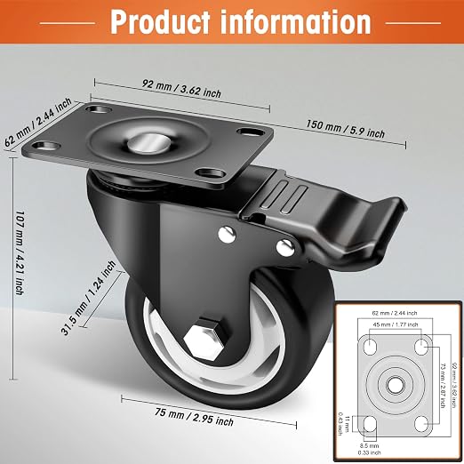 Casters, Top Plate Swivel Wheels, Locking Casters - Image 4