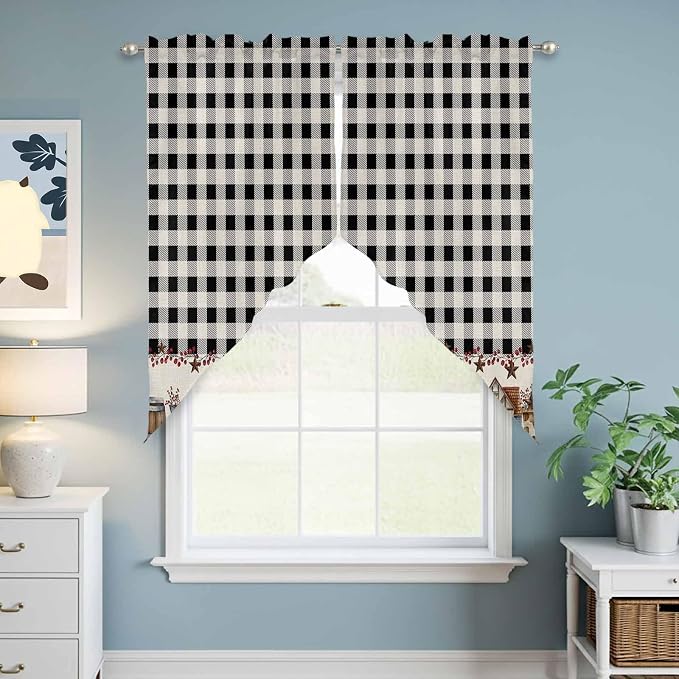 Swag Curtain Valances for Kitchen Windows, Farm Wooden House Black Buffalo - Image 7