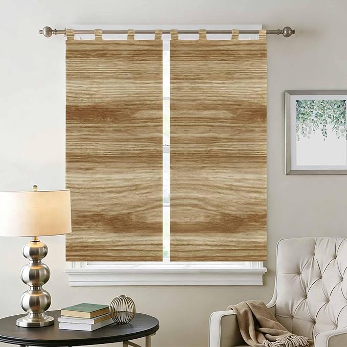 Light Brown Wood Grain Bedroom Curtains 72 Inch Length, Window Curtains Tab Top - Image 2
