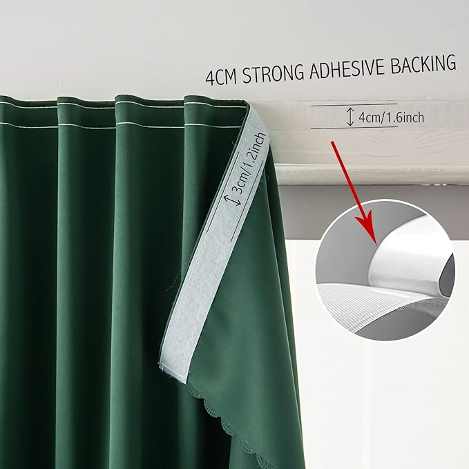 Blackout Curtains for Bedroom Sticky Curtain Blackout Window Cover Self Adhesive Curtains Rod No Drillng, 59" W X 96" L, Dark Green, 1 Panel
