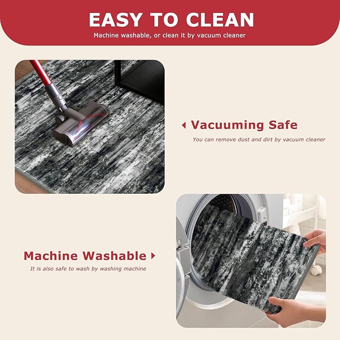 KOZYFLY Modern Abstract Entryway Rugs 2x3, Washable Kitchen Rug Non-Slip Soft Small Bathroom Rug, Black Grey Striped Small Area Rugs Print Faux Wool Doormat for Bedside Entrance Bedroom Sink