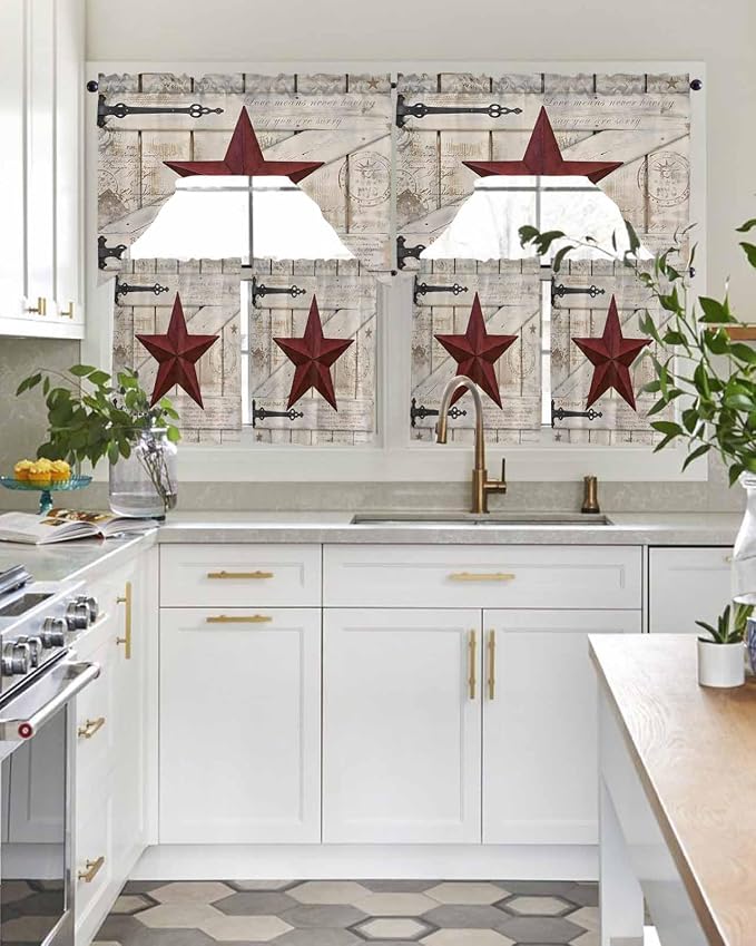 Village Stars Swag Kitchen Curtains Valance and Tier Set, Vintage Dark Red Star - Image 3