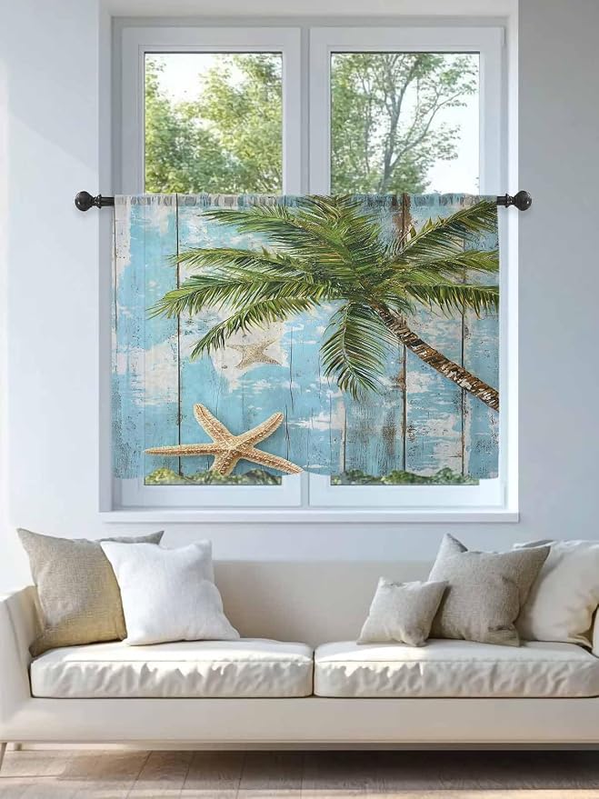 Sheer Curtains 45 Inch Length, Coastal Beach Blue Semi Sheer Curtains Light - Image 4