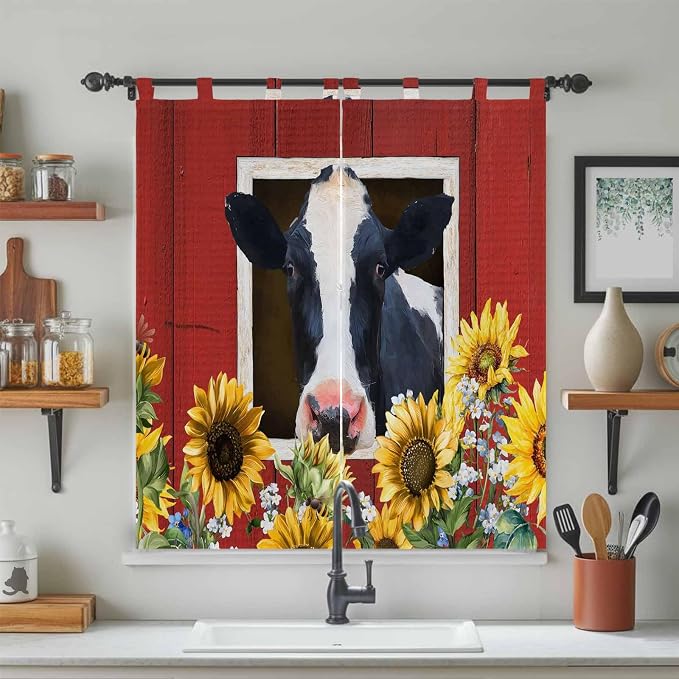 Cow Sunflowers Living Room Curtains 84 Inch Length, Window Curtains Tab Top - Image 3