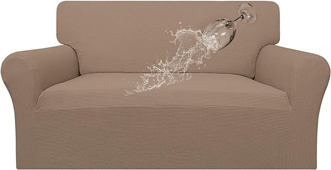 Easy-Going 100% Waterproof Oversized Loveseat Couch Cover, Dual Waterproof Sofa Cover, Stretch Jacquard Sofa Slipcover, Leakproof Furniture Protector for Kids, Pets, Dog and Cat, Camel