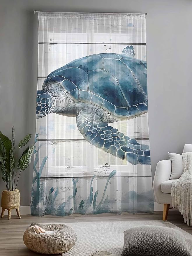 Sheer Curtains 84 Inches Long, Ocean Sea Turtle Semi Sheer Curtains Light - Image 2