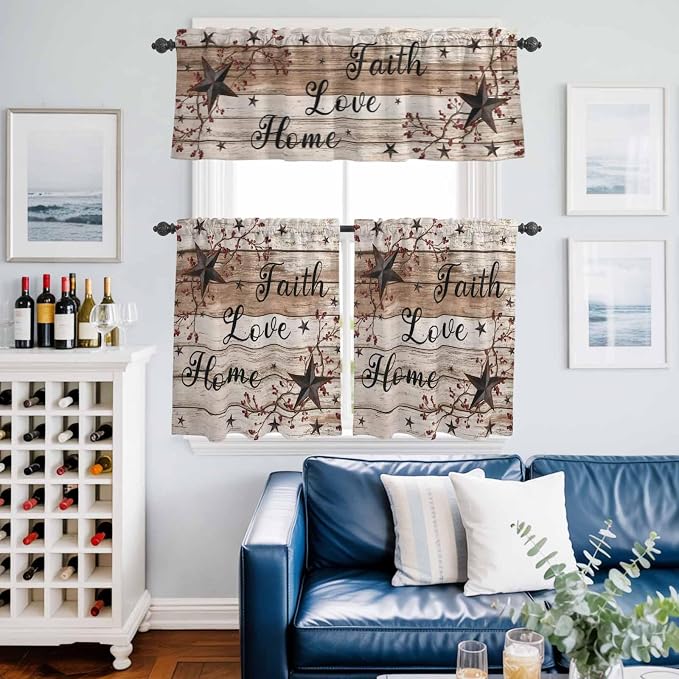 Kitchen Curtains Tiers and Valance Set of 3, Rustic Star Brown Light Filtering - Image 6