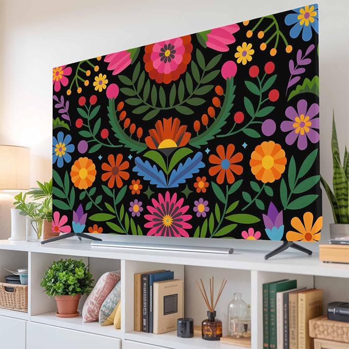Abstract Boho Flower Floral on Black Indoor TV Cover, Elastic TV Screen - Image 6
