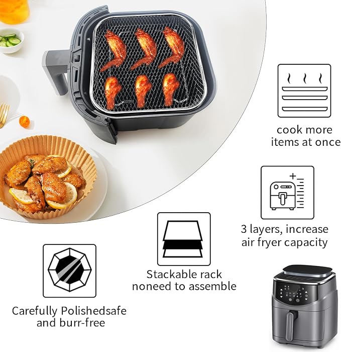3 Tiers Air Fryer Mesh Baskets, 8×8×1.7 Inch Stackable Square Stainless Steel - Image 3