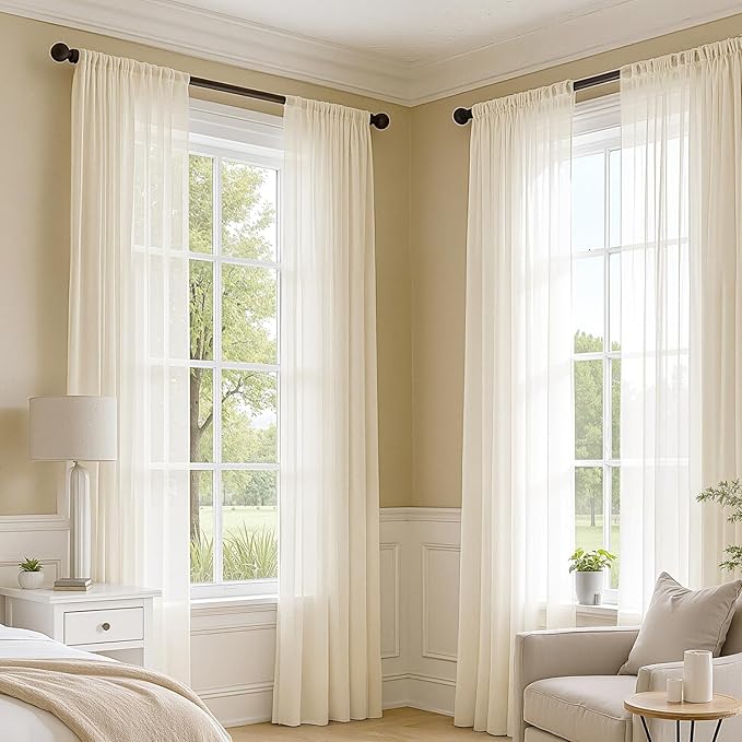 MIULEE Butter Cream Sheer Curtains 96 Inches Long, 4 Panels Set, Rod Pocket Voile Drapes Light Filtering and Semi Transparent, Elegant Window Treatments for Bedroom Living Room,42 x 96 Inches