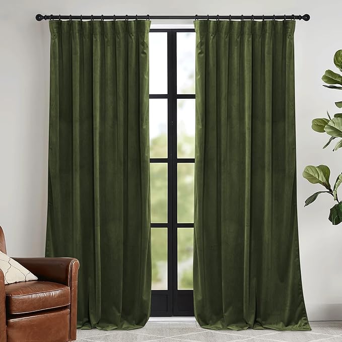 RYB HOME Olive Green Velvet Curtains with Hook Tape, Thermal Insulated Privacy Protect Decorative Drapes for Home Theater, W 62 x L 84 inches, 2 Panels Set