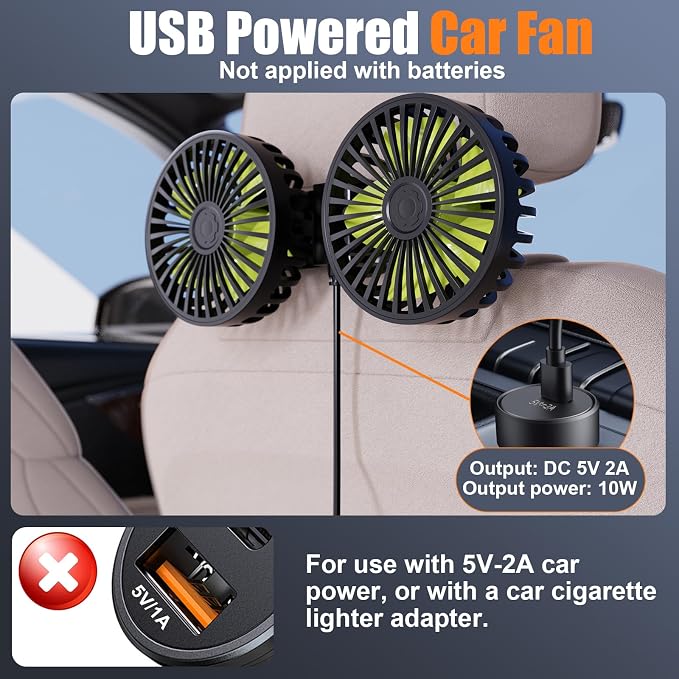 Hayousui USB Car Cooling Fans for Backseat: Dual Head Car Fan for Kids 3 Speeds - Image 2
