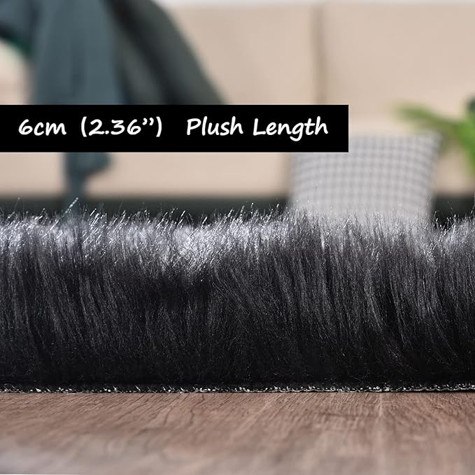 Goolela Black Sheepskin Rug 3x5 for Bedroom Black Fluffy Faux Fur Rug Furry Shag Plush Soft Bedside Dorm Décor Rectangle