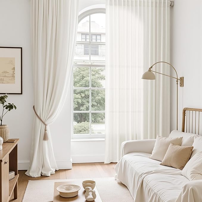 Nanspring Neutral Linen Curtains 96 Inches Long for Living Room Bedroom Modern Farmhouse Decor Light Filtering Curtain Back Tab and Rod Pocket Coastal Decor Drapes for Office 52x96, 2 Panels