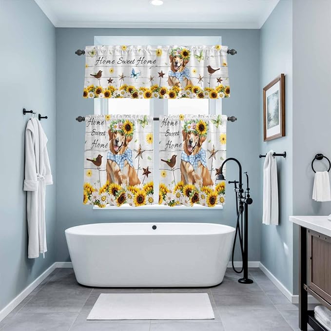 Kitchen Curtains Tiers and Valance Set of 3, Sunflowers Dog Light Filtering - Image 9
