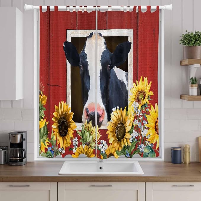 Cow Sunflowers Living Room Curtains 84 Inch Length, Window Curtains Tab Top - Image 9