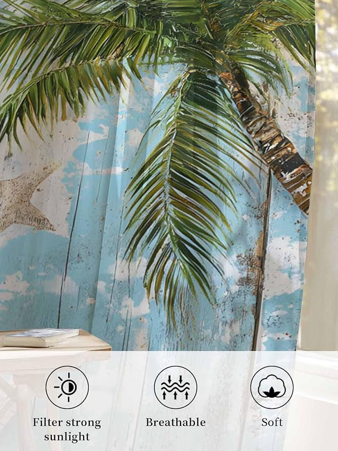 Sheer Curtains 63 Inch Length, Coastal Beach Blue Semi Sheer Curtains Light - Image 6