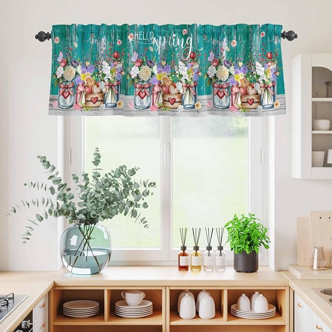 Kitchen Curtains Tiers and Valance Set of 3, Spring Flowers Light Filtering - Image 4