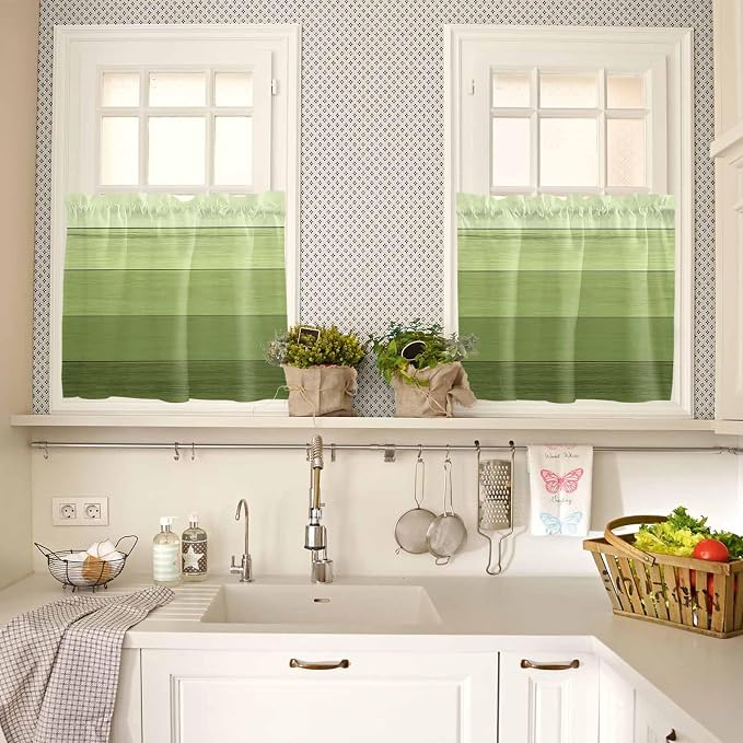 Gradient Green Wooden Board Window Valance Curtains, Retro Country Wood Grain - Image 3