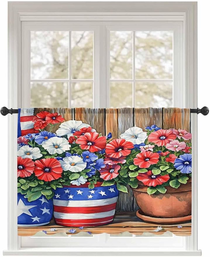 Sheer Curtains 45 Inch Length, Retro Independence Day Flag Wood Grain Privacy by Unknown