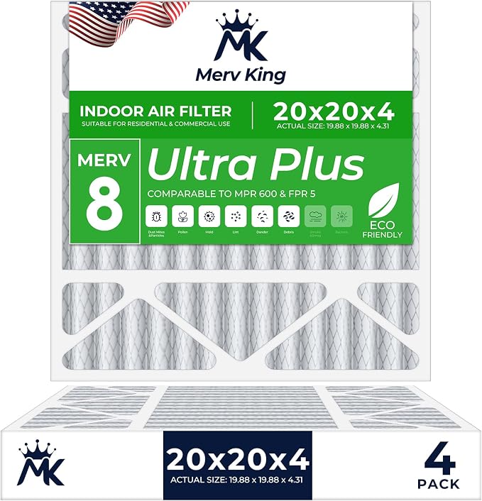 MervKing 20x20x4 Air Filter Actual Size: 19.88" x 19.88" x 4.31" MERV 8 MPR by MervKing