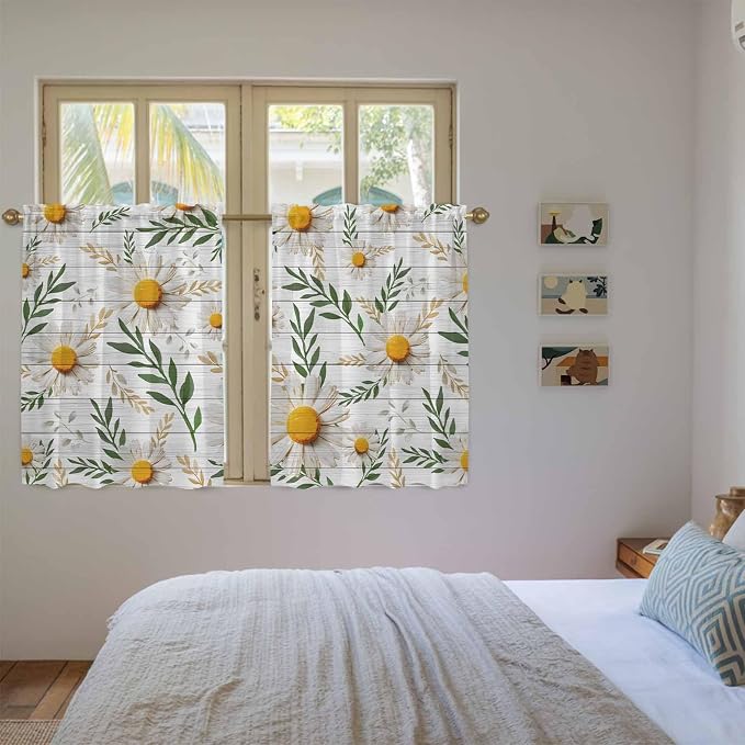 Spring Daisy Tier Curtains, Farmhouse Country Flower Leaf Plant Wood Grain - Image 4