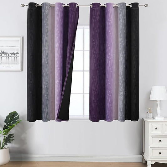 Estelar Textiler Black and Purple Ombre Blackout Curtains 54 Inch Length 2 Panels, Full Room Darkening Gradient Drapes for Kitchen, Thermal Insulated Grommet Short Curtains for Bedroom,52Wx54L