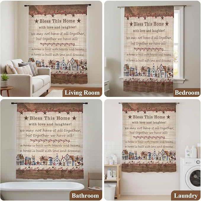 Farmhouse Sheer Curtains 54 Inch Length Brown Country Star Berry Vintage Wood - Image 7