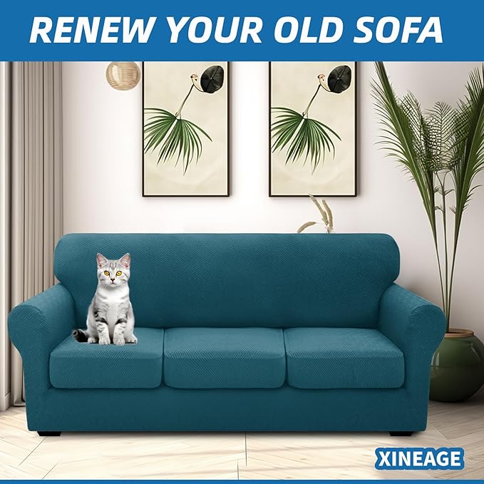 XINEAGE New 4 Pieces Extra Large Couch Covers for 3 Cushion Sofa Super Stretch Sofa Cover for 3 Large Seat Cushion Universal Slip Cover for Living Room (Peacock Blue), 91"-110"(3 Cushions)