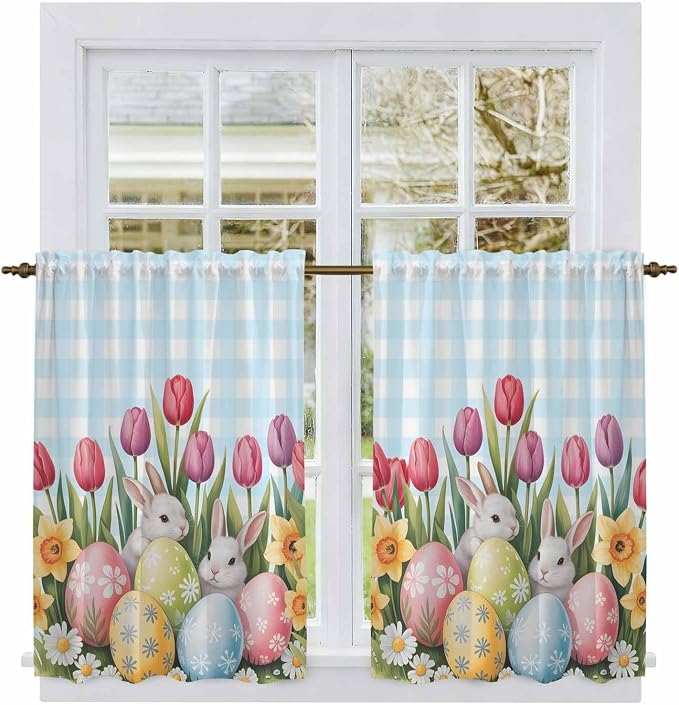 Easter Kitchen Tier Curtains 45 Inch Long 2 Panel Set, Rod Pocket Short Window - Image 2