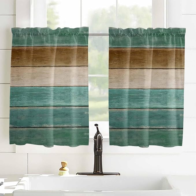 Vintage Plank Turquoise Brown Window Valance Curtains, Farmhouse Wood Grain - Image 8