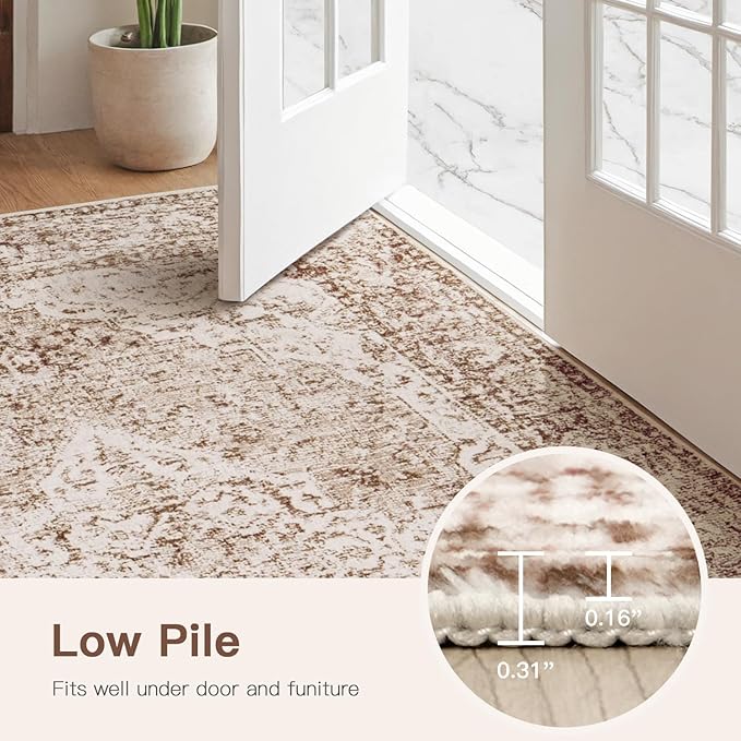Lofus 2x5 Runner Rug for Hallways, Washable Kitchen Rugs, Non-Slip Rugs for Entryway and Bedroom, Vintage Boho Carpet, Soft Low Pile Long Runner Area Rug, Vintage Beige Brown