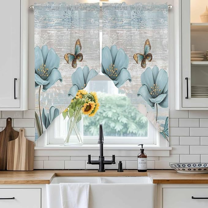 Spring Floral Swag Valances for Windows, Vintage Tulips Flower Butterfly Retro - Image 2