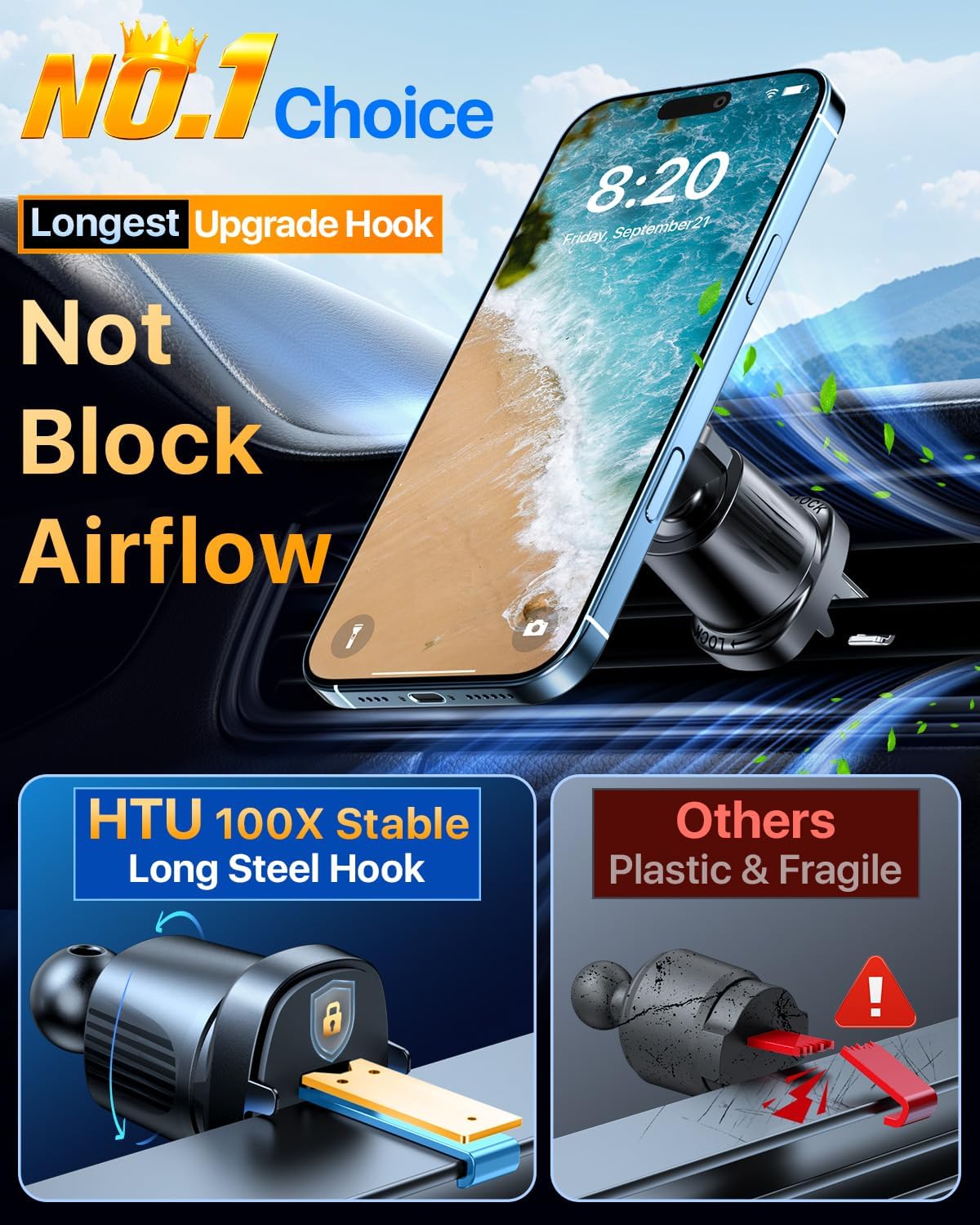 HTU for MagSafe Car Phone Mount Magnetic Phone Holder for Windshield Vent Dashboard Magnetic Suction Phone Mount for iPhone 16/15/14/13/12 & Android (Neutral Gray)