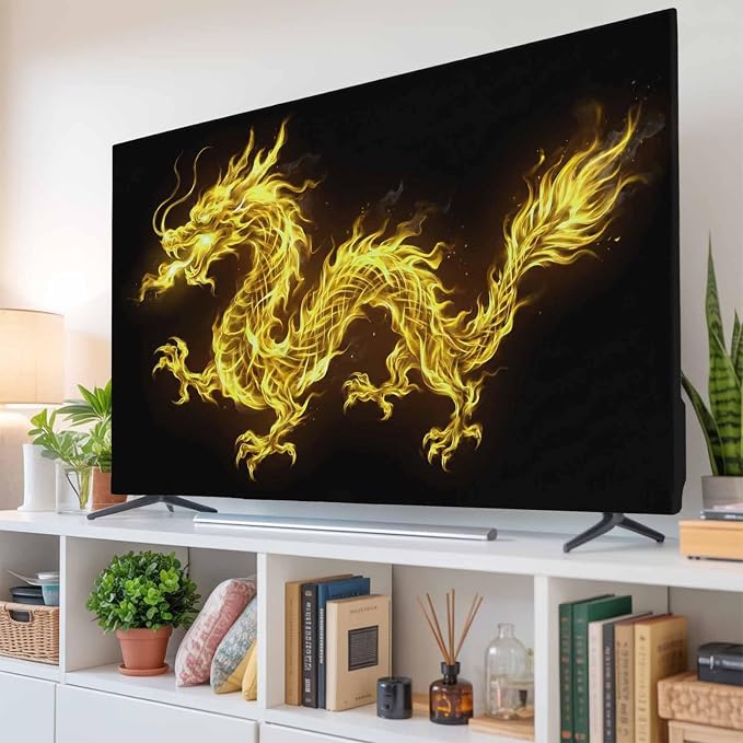 Watercolor Yellow Flames Dragons on Black Indoor TV Cover, Elastic TV Screen - Image 6