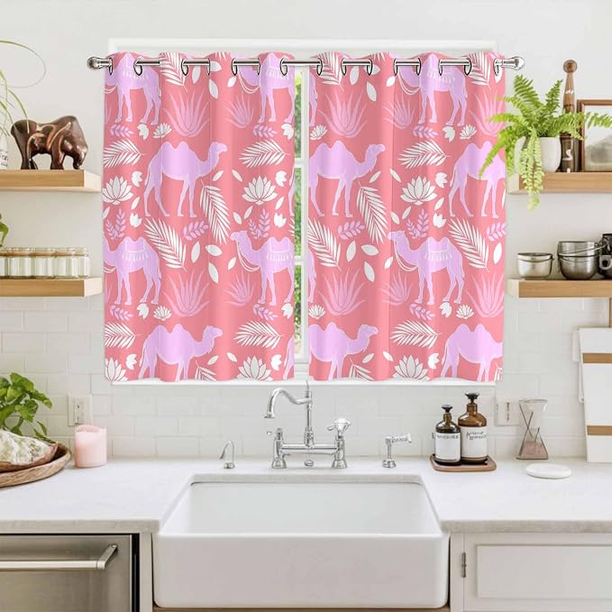 2 Panel Kitchen Cafe Curtains, Desert Camel Sunlight Filtering Nature Air - Image 2