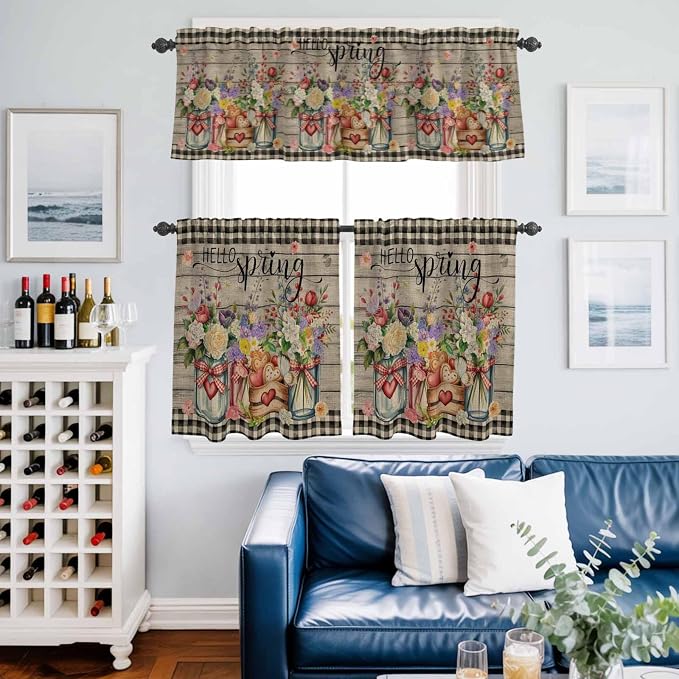 Kitchen Curtains Tiers and Valance Set of 3, Spring Flowers Light Filtering - Image 6