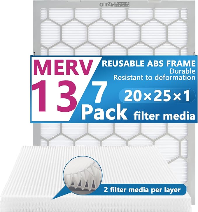 20x25x1 MERV 13 Air Filter, AC Furnace Air Filter, Reusable ABS Plastic Frame by OlitAir