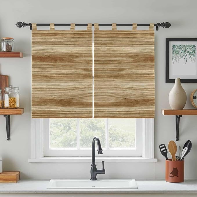 Light Brown Wood Grain Kitchen Curtains 45 Inch Length, Short Cafe Window - Image 3
