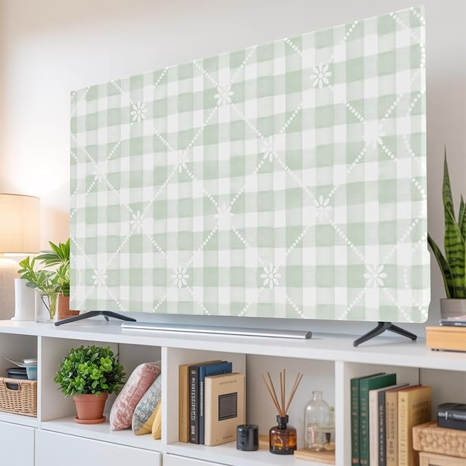 Sage Green Plaid White Lattice Flower Indoor TV Cover, Elastic TV Screen - Image 6