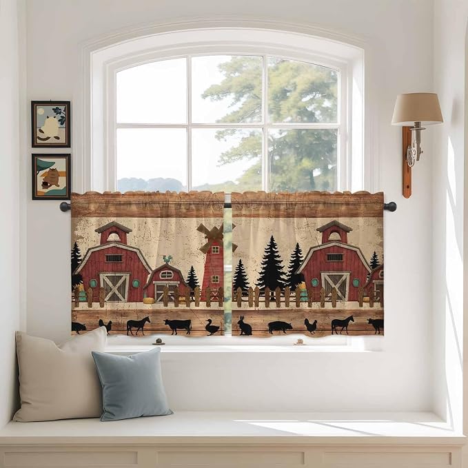 Brown Farmhouse Tier Curtains, Vintage Country Animals Wooden Grain Light - Image 3