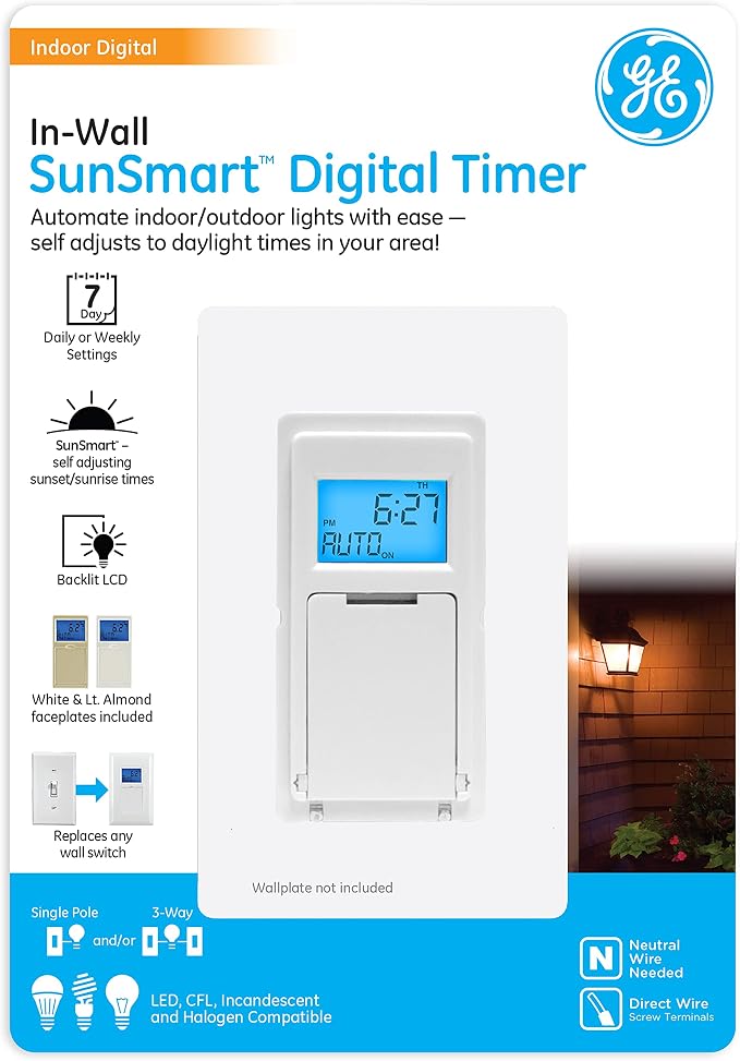 GE SunSmart 7-Day In-Wall Digital Timer Switch, Auto Sunrise/Sunset, Weekly by Unknown
