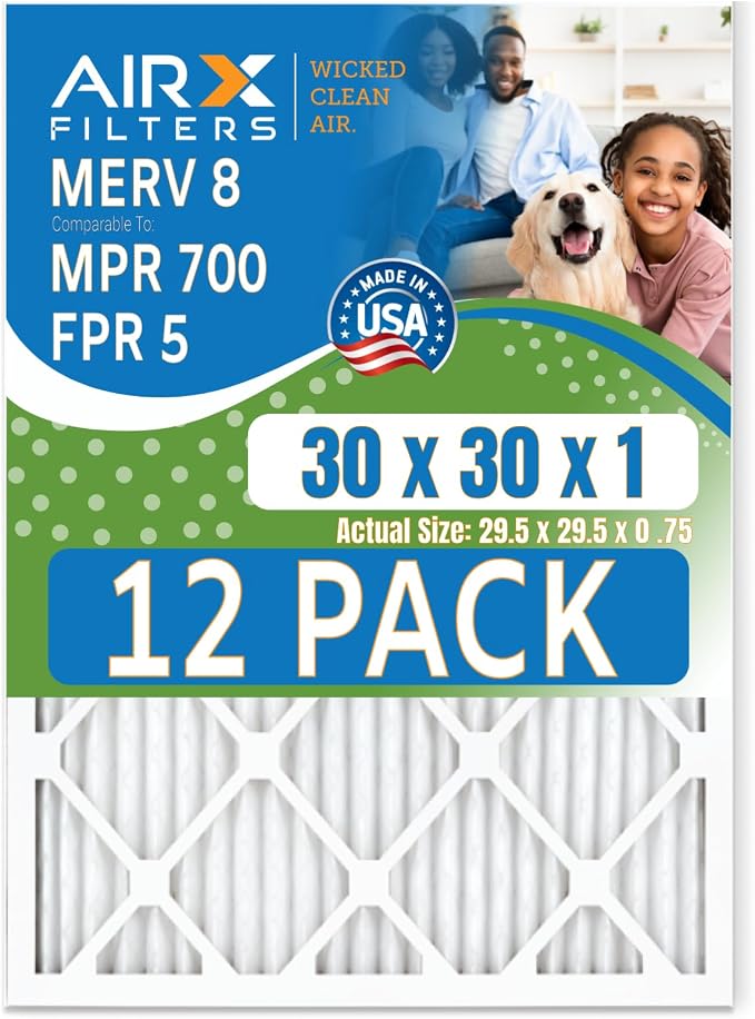 30x30x1 Air Filter MERV 8 Rating, 12 Pack of Furnace Filters Comparable to MPR by AIRXFILTERSWICKEDCLEANAIR