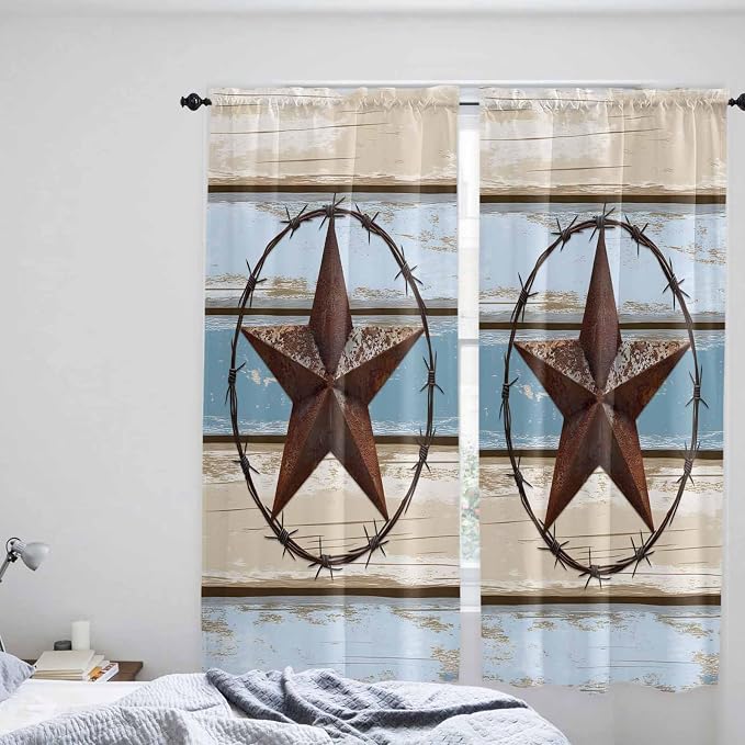Vintage Western Star on Wood Grain Window Valance Curtains, Retro Wooden - Image 8