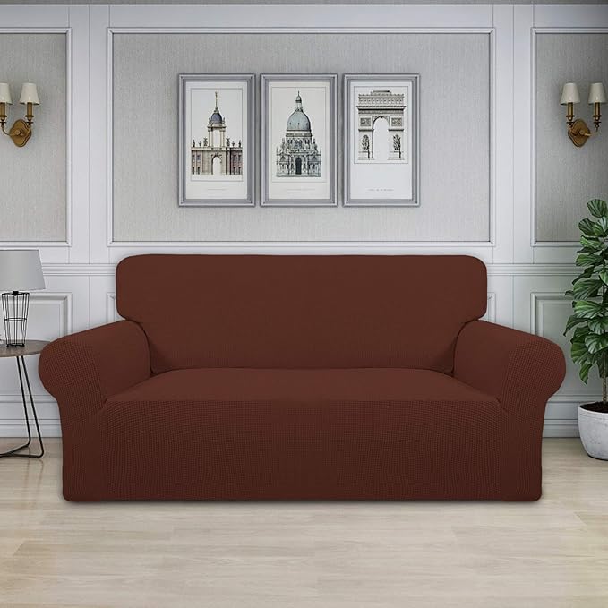 Easy-Going Stretch Oversized Loveseat Slipcover 1-Piece Sofa Cover Furniture Protector Couch Soft with Elastic Bottom for Kids Polyester Spandex Jacquard Fabric Small Checks Coffee