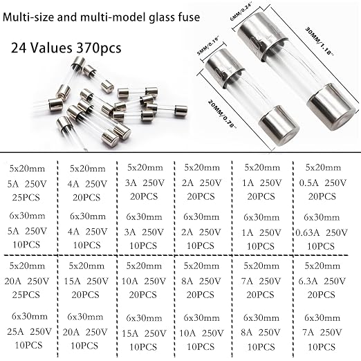 24 Values 370pcs Fast Blow Glass Fuses Assortment Kit 250V 0.5A 1A 2A 3A 4A 5A - Image 2